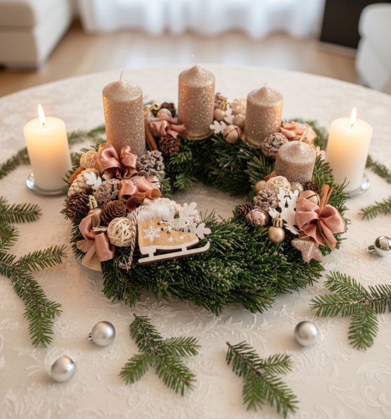 Adventní věnec stříbrný - champagne